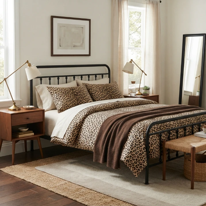Leopard print bedding in a warm neutral bedroom with cream bedding and walnut furniture