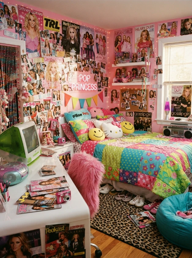 2000s Teen Bedroom Ideas with pink and lime pop star decor