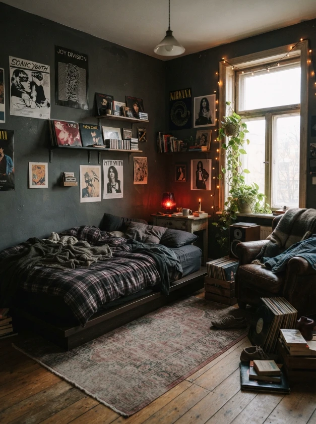 Cozy grunge bedroom with charcoal walls, dark wood furniture, plaid bedding, and amber lighting