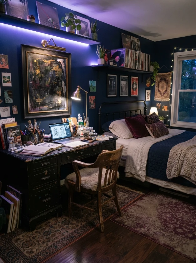 Alternative bedroom creative corner with a dark desk, art supplies, vinyl shelves, and purple blue lighting