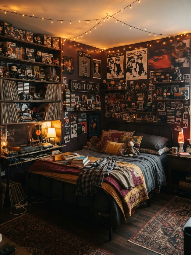Nostalgic collector bedroom with vinyl records, vintage objects, and warm amber string lights