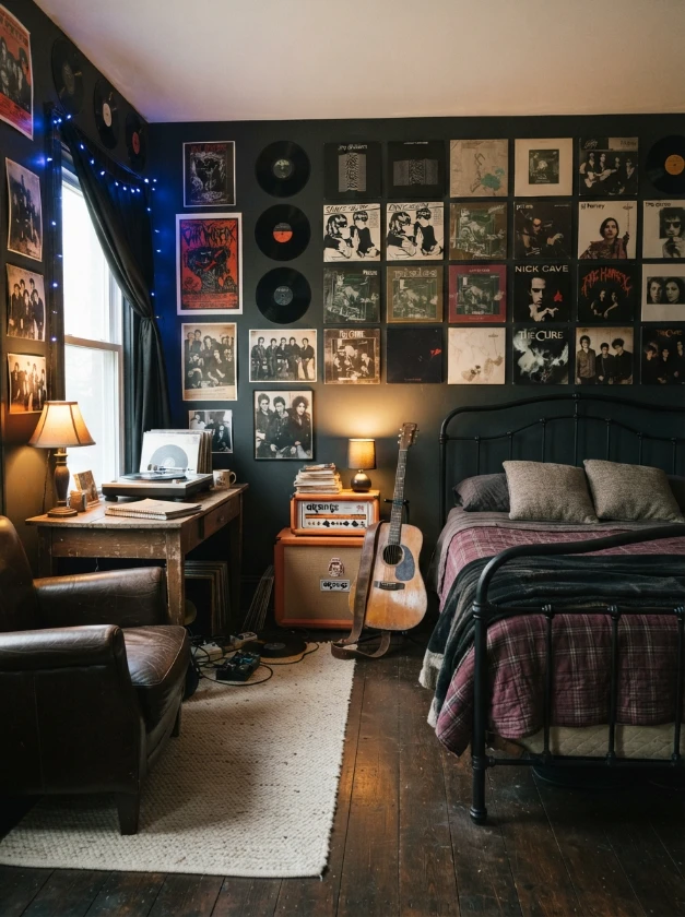 Music lover bedroom with vinyl records, a guitar, plaid bedding, and warm ambient lighting