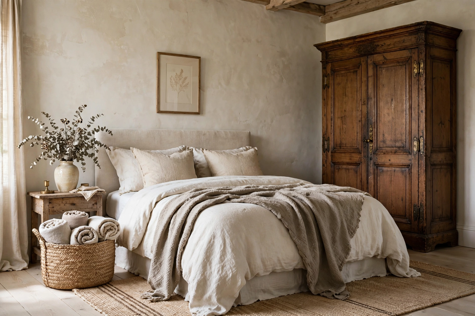 Antique wooden wardrobe with woven baskets in farmhouse bedroom