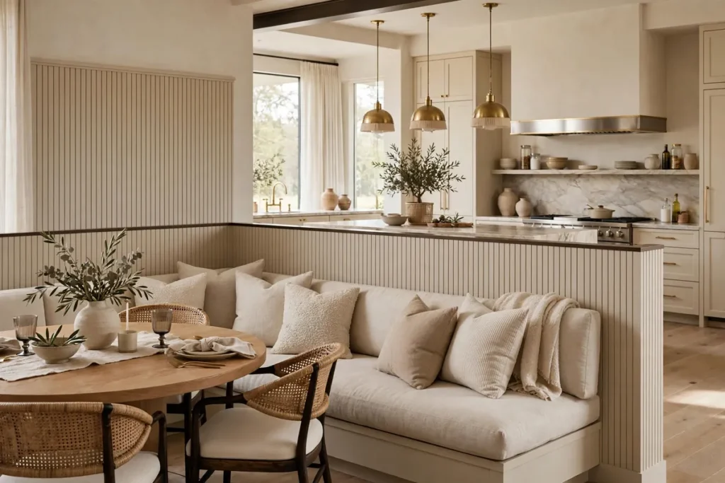 Open-plan dining area with built-in banquette nook