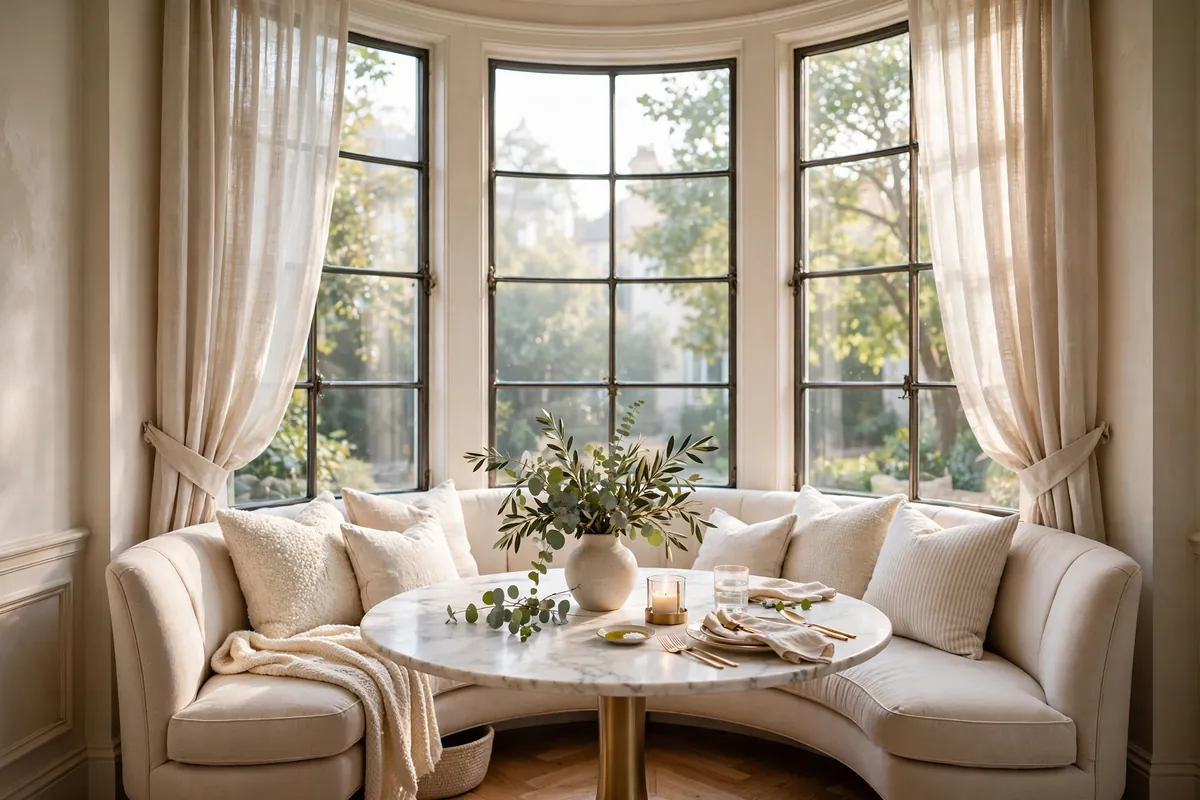 Bright dining nook in bay window with curved seating