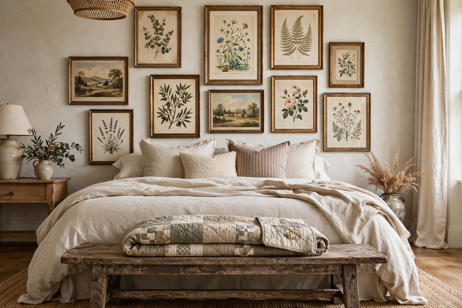 Farmhouse bedroom gallery wall above a bench at the foot of the bed