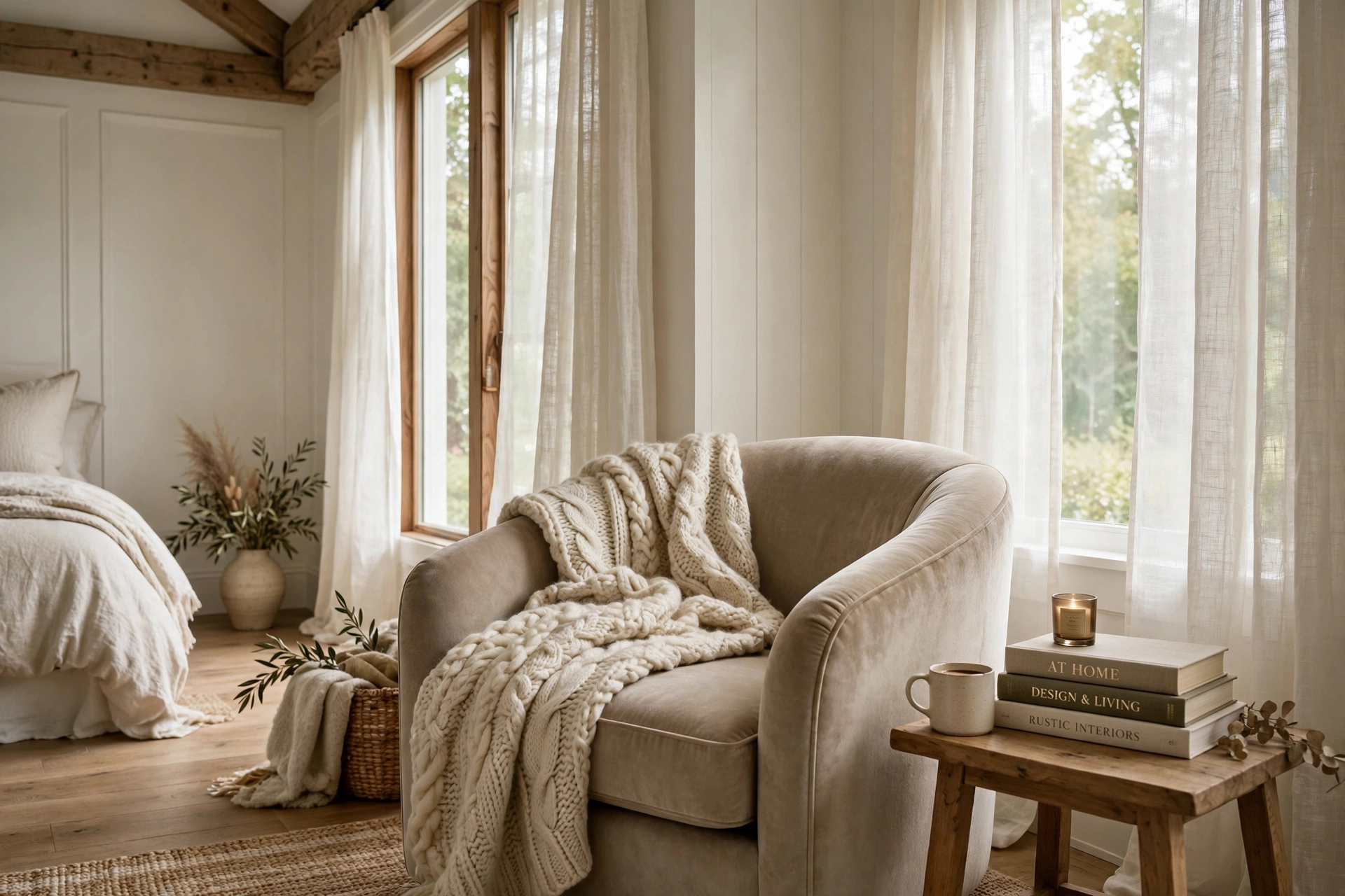 Cozy farmhouse bedroom reading corner with armchair