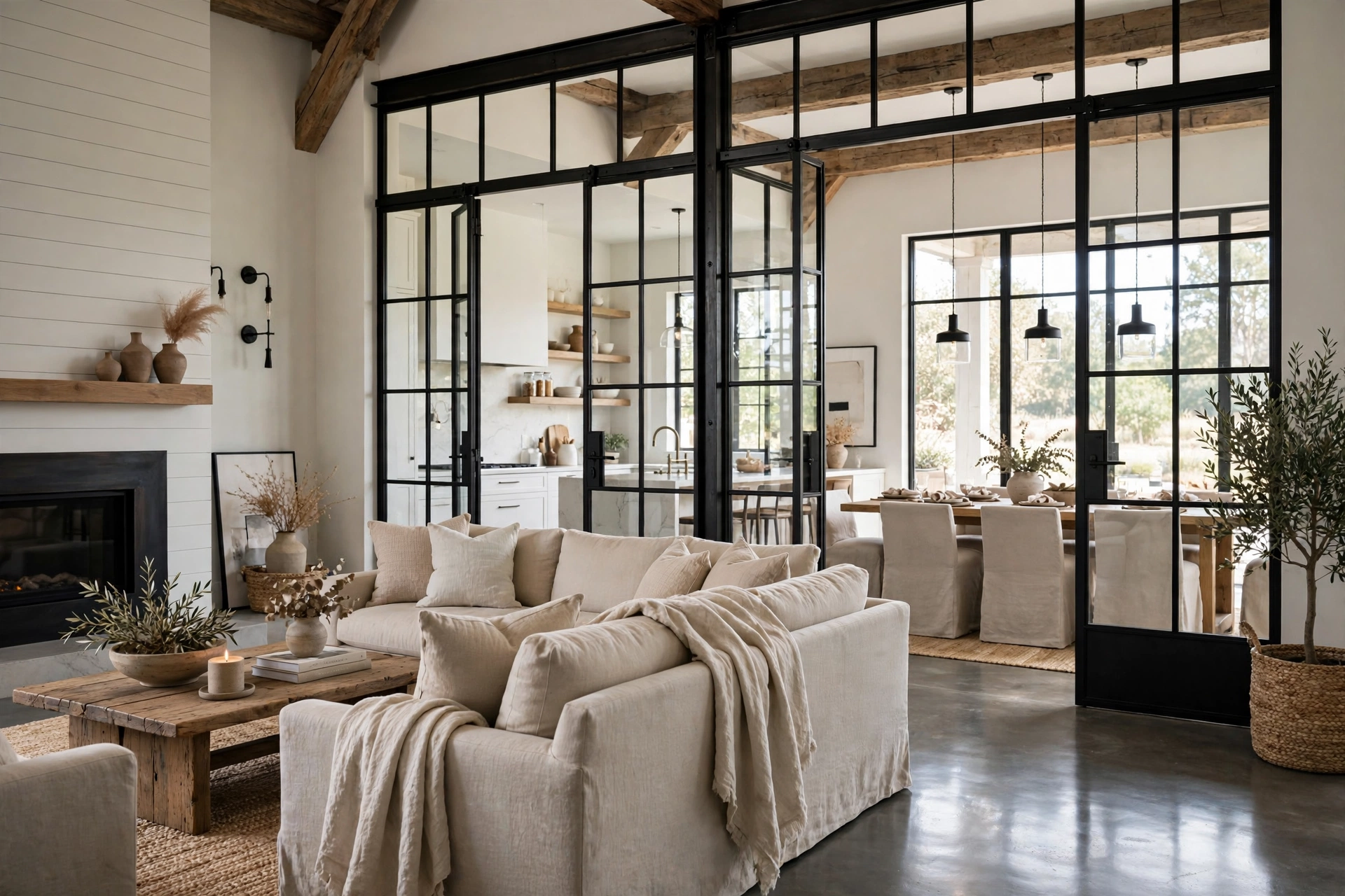 Black steel factory windows and glass doors in industrial farmhouse interior