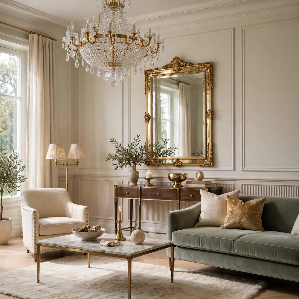 Luxury living room with brass and gold accents
