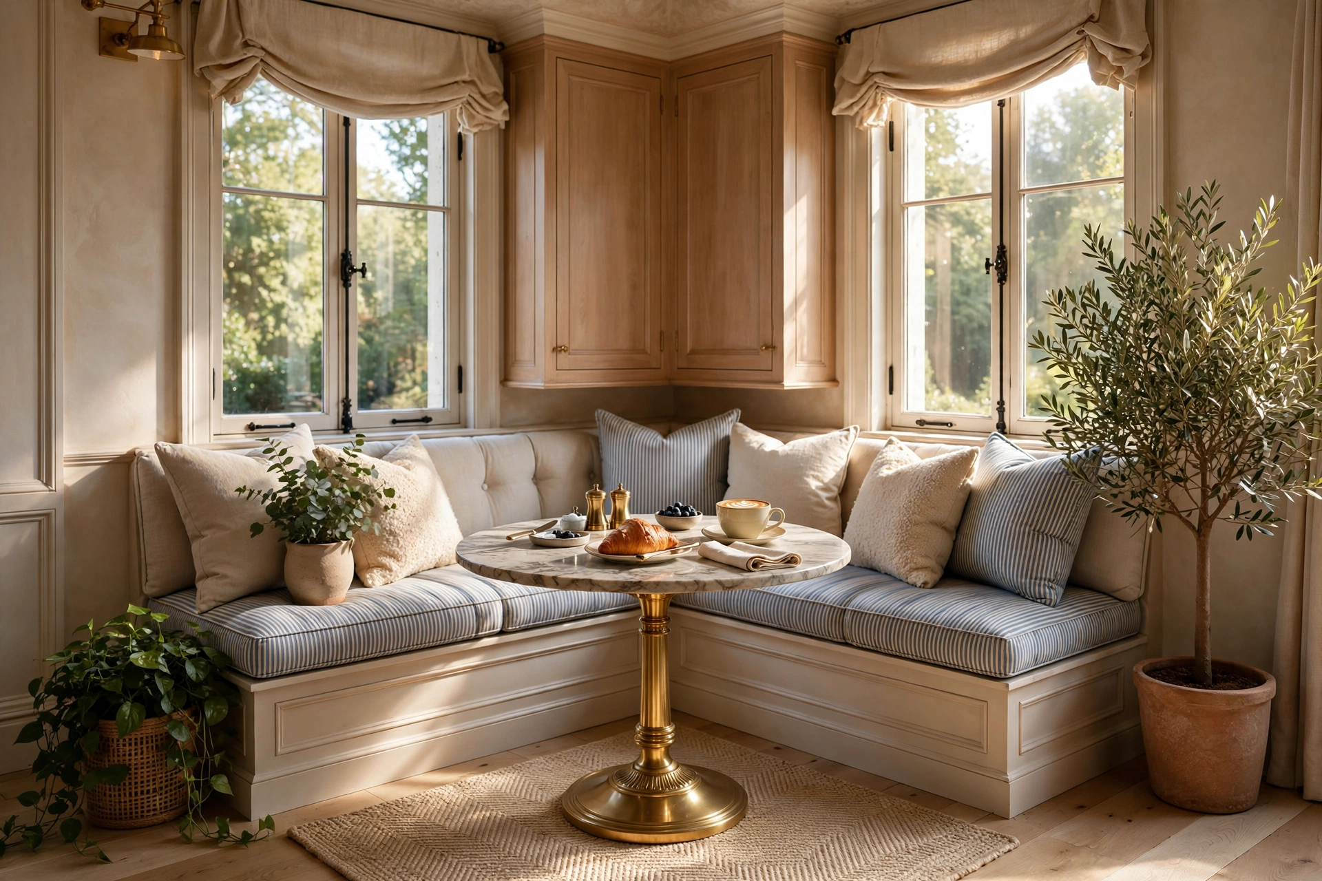Sun-filled breakfast nook with built-in banquette