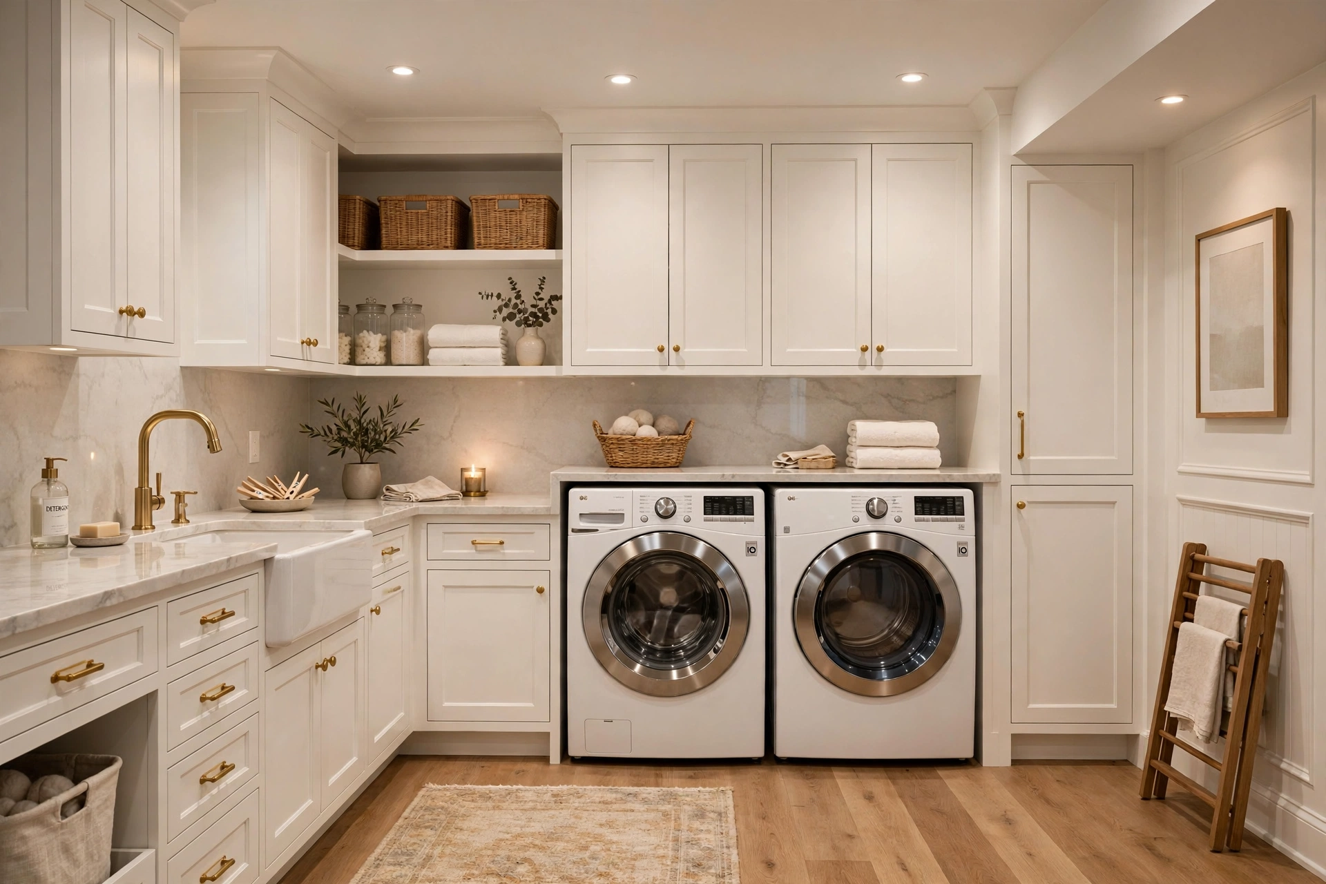Bright white basement laundry room with side-by-side machines