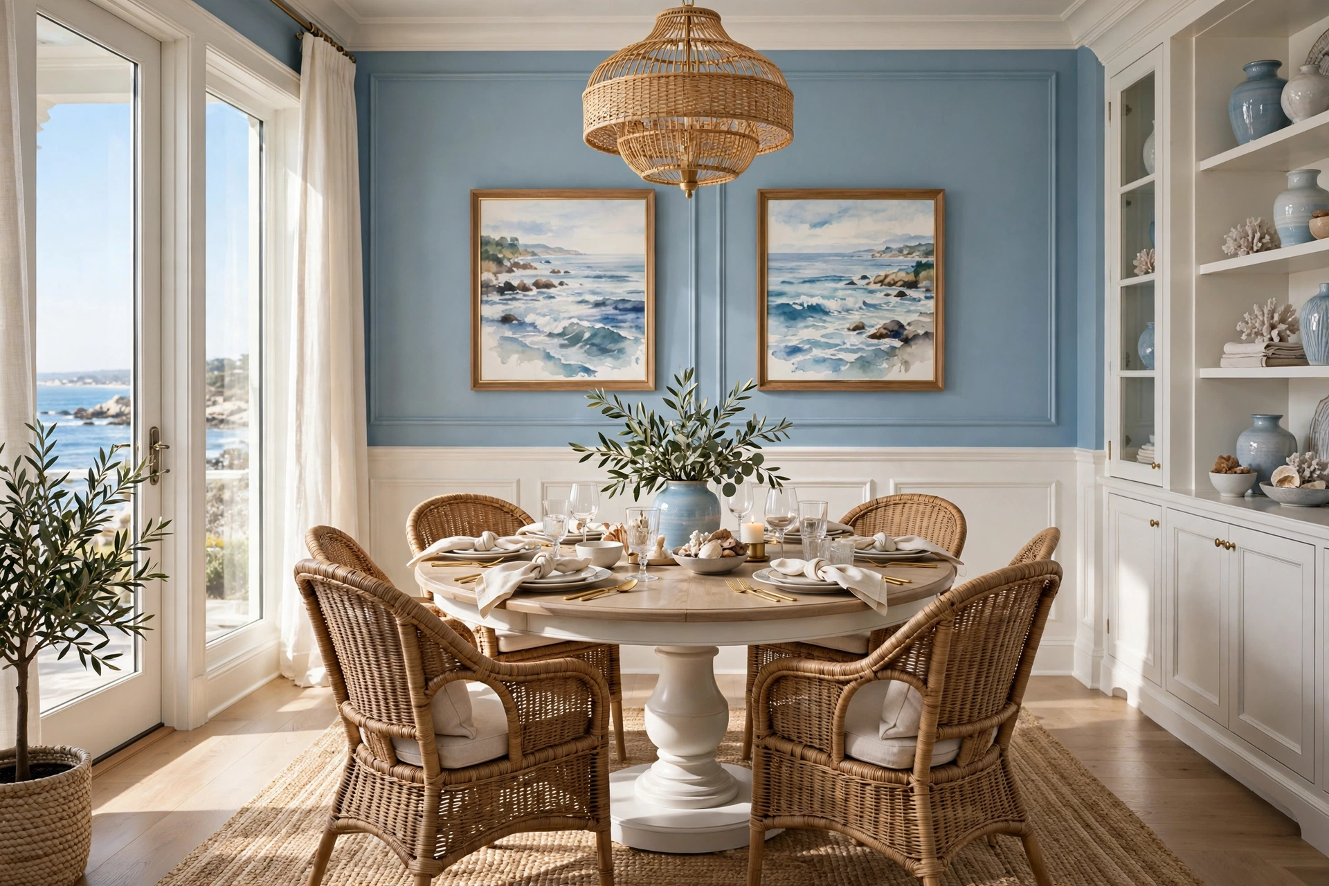 Coastal Nancy Meyers dining room with soft blue walls