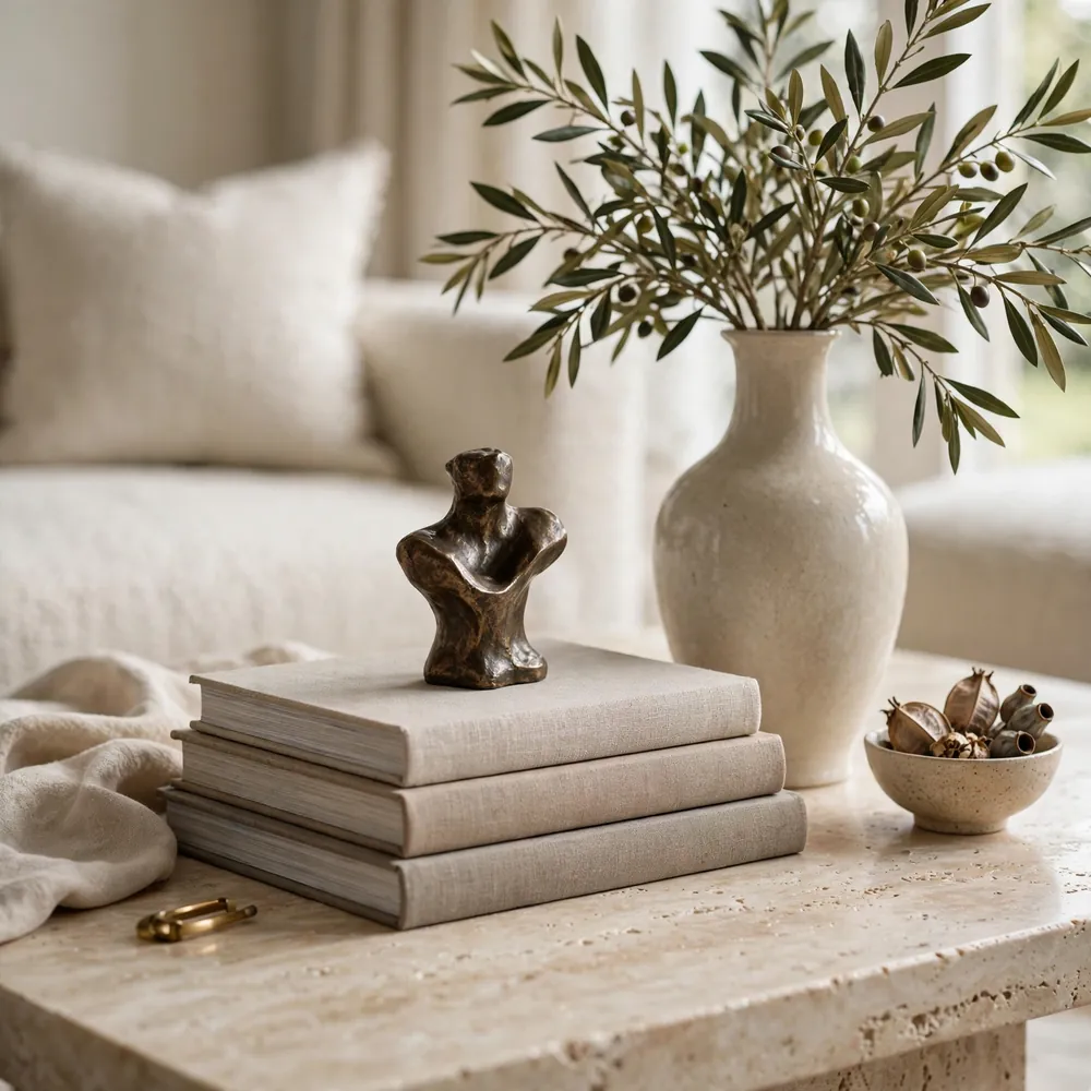 Luxury living room coffee table styled with books and vase