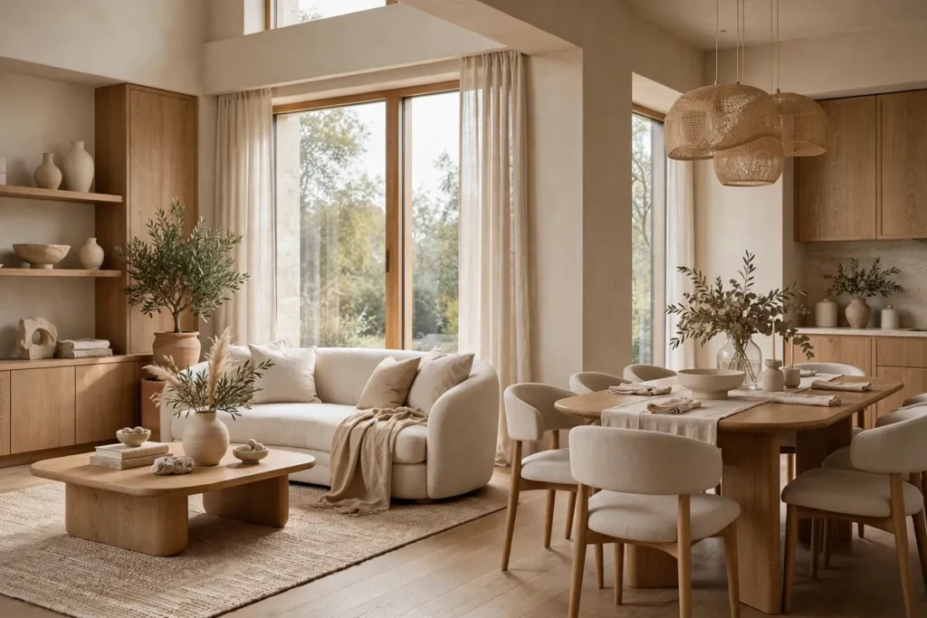 Open-plan dining area in cohesive beige and oak palette