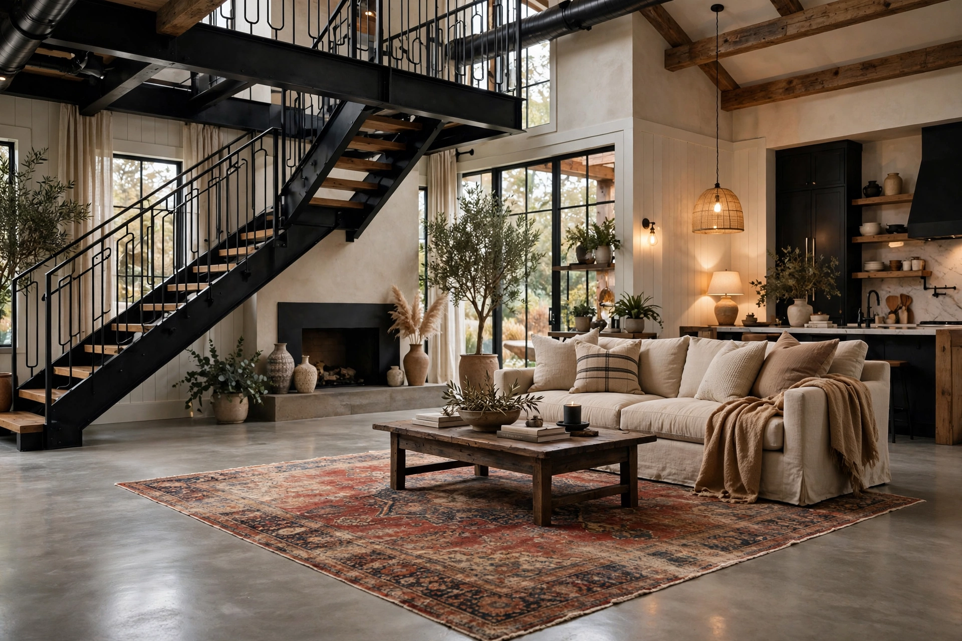 Polished concrete floors with vintage rug in industrial farmhouse living space
