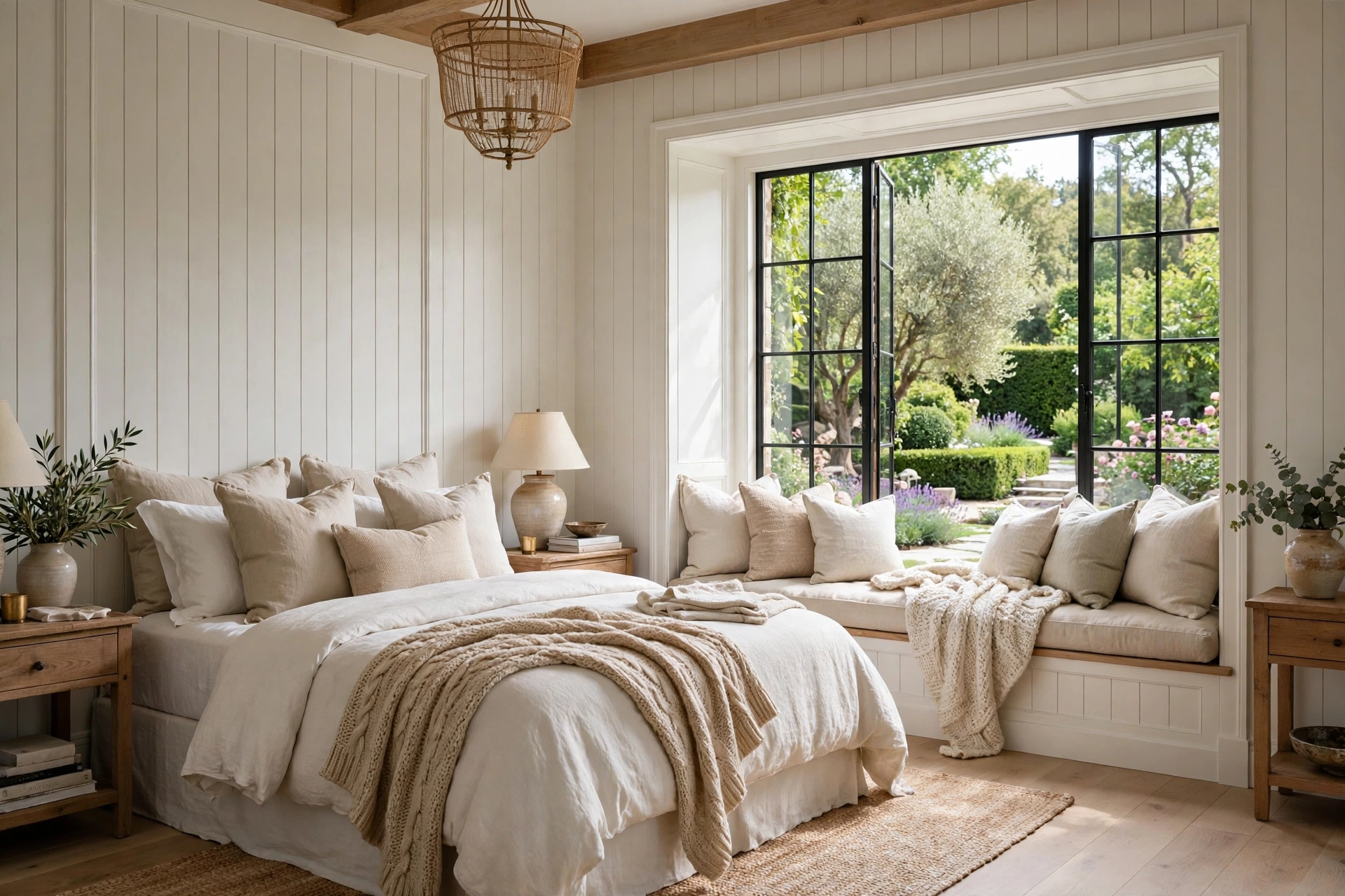 Farmhouse bedroom window seat piled with linen cushions