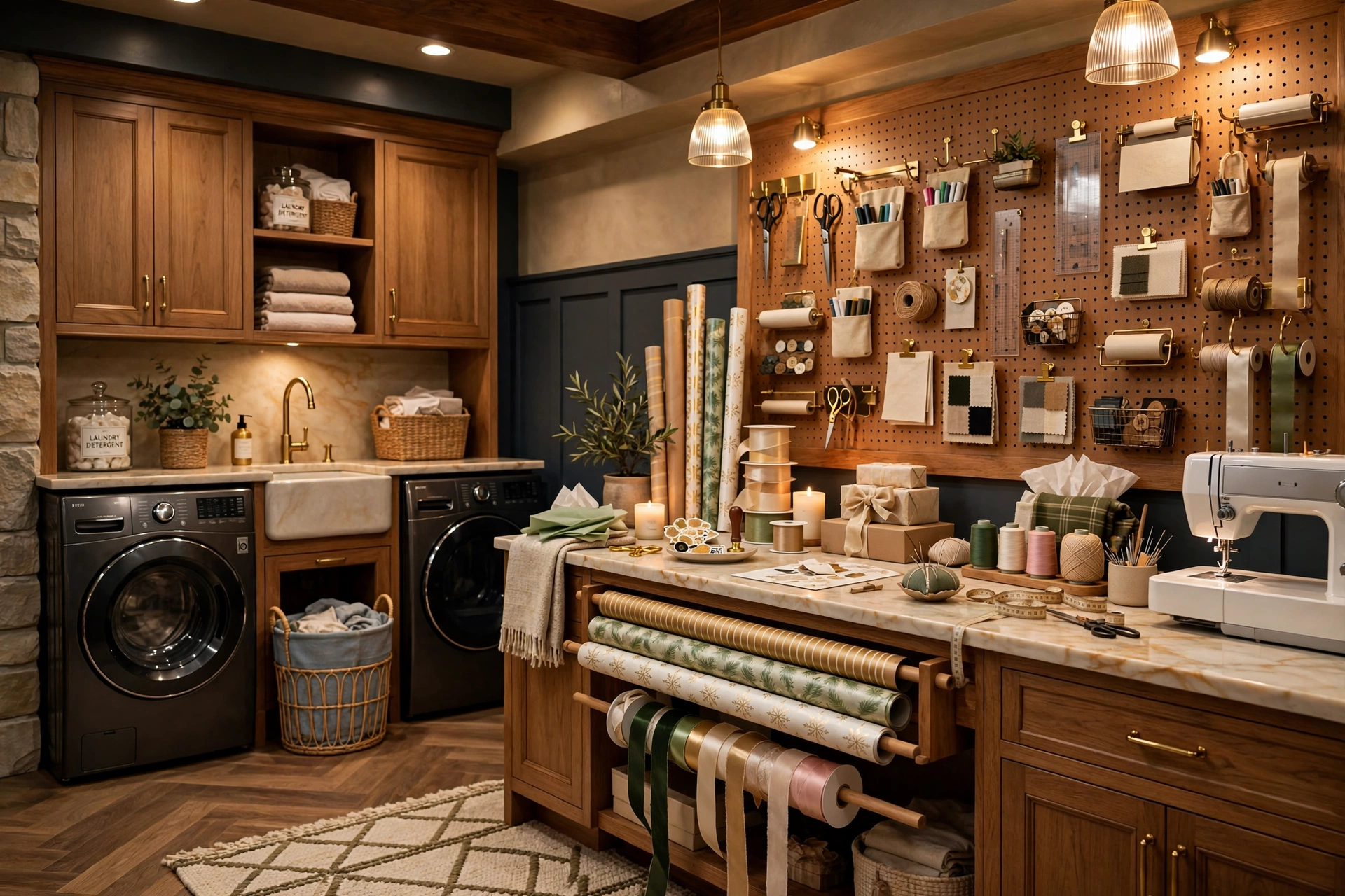 Craft and sewing corner in basement laundry room