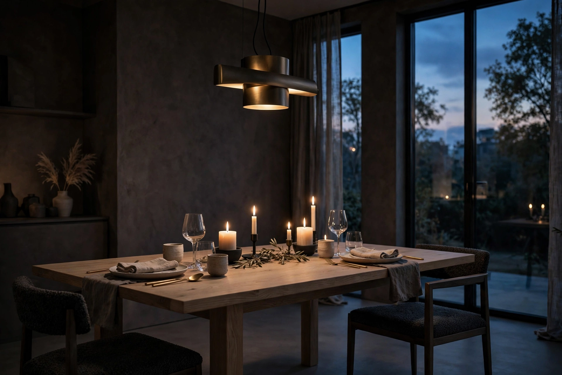 Minimalist dining room with dimmable warm lighting