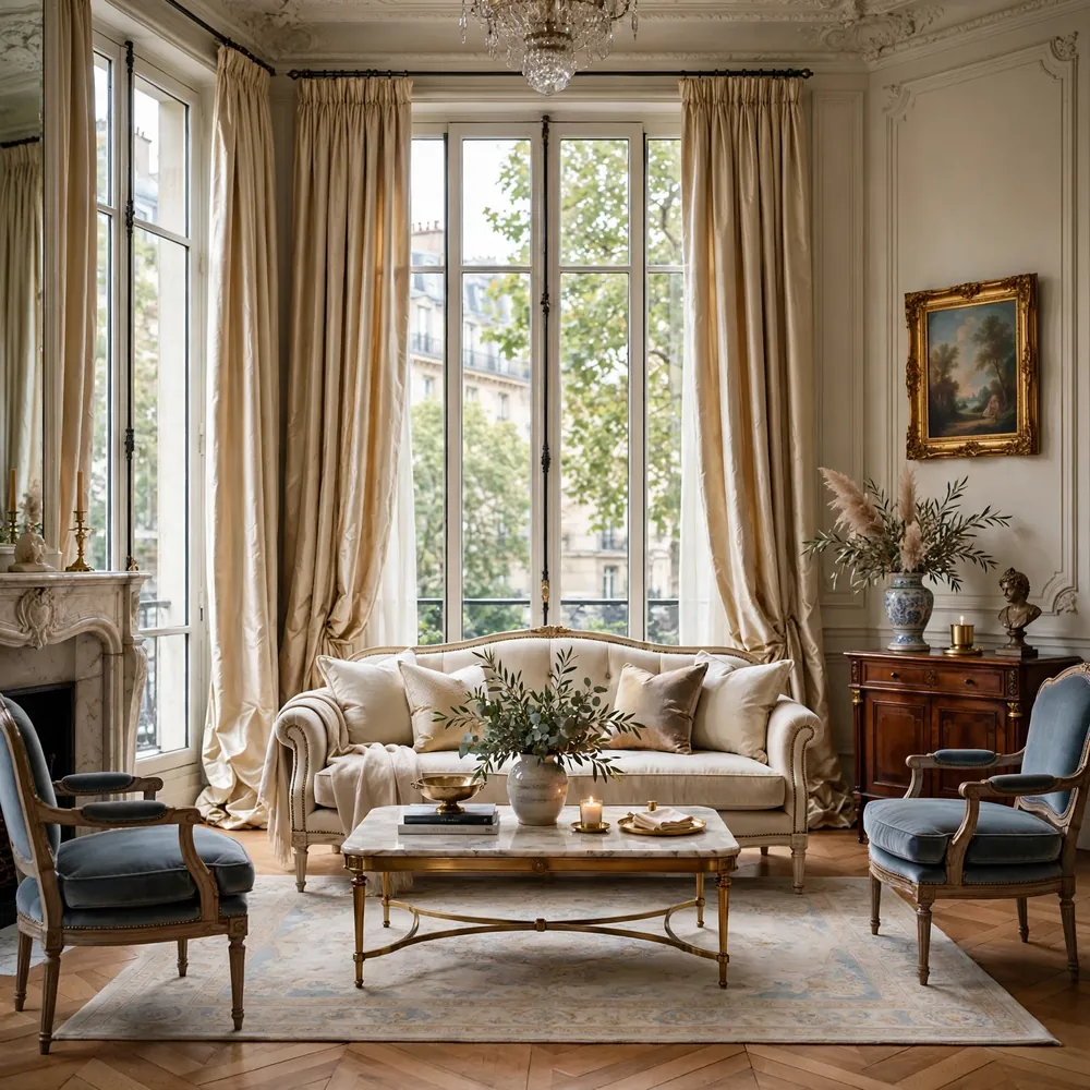 Luxury living room with silk drapery and tall windows