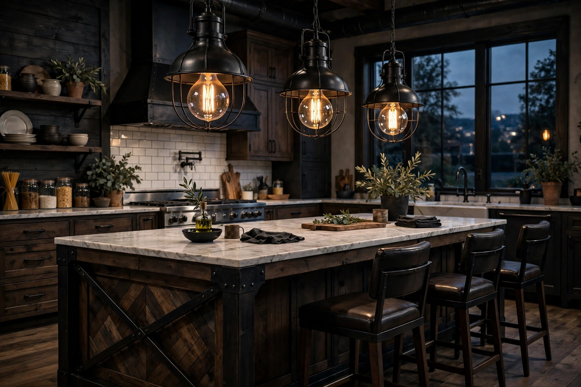 Oversized Edison bulb pendant lights over industrial farmhouse kitchen island
