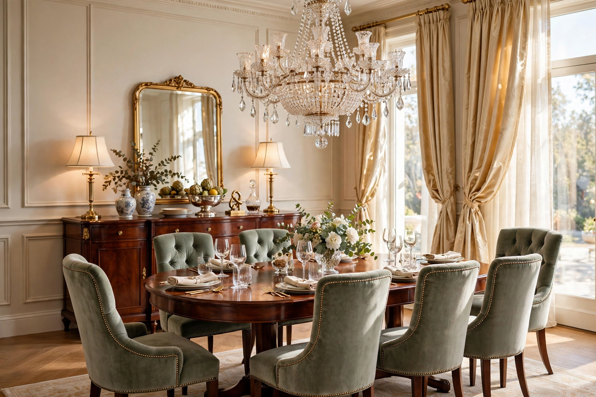 Elegant dining room with showstopping crystal chandelier