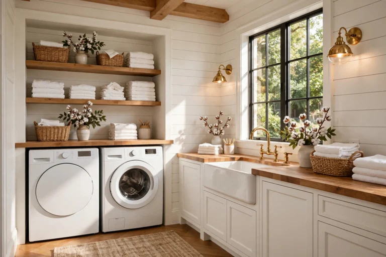 Luxury farmhouse laundry room with white shiplap and butcher block counters