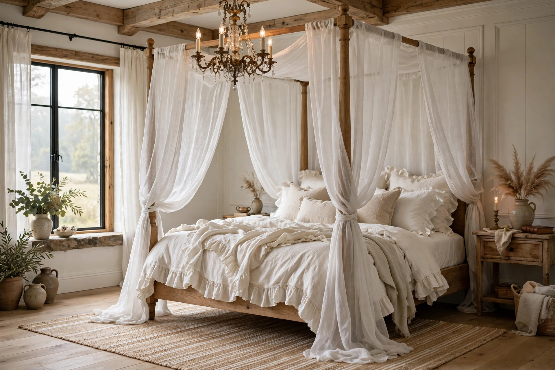 Four-poster bed draped with sheer linen curtains in farmhouse bedroom
