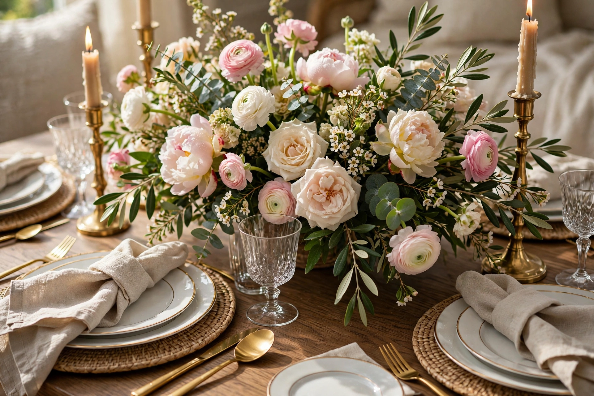 Dining table with abundant fresh flower centerpiece