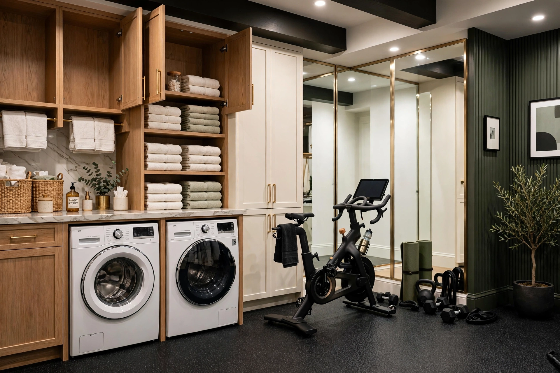 Basement laundry room combined with home gym corner
