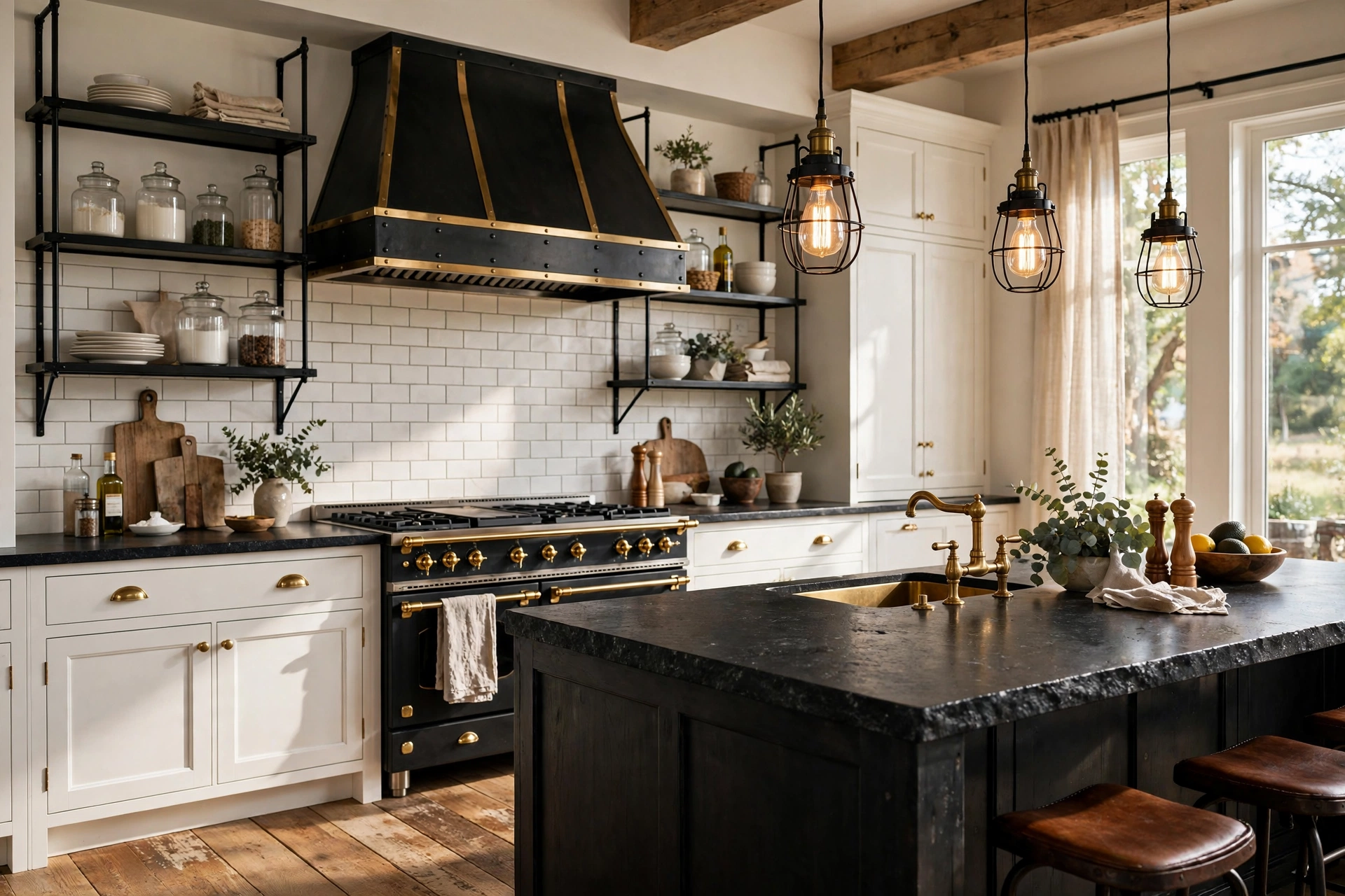 Industrial farmhouse kitchen with black metal open shelving and brass fixtures