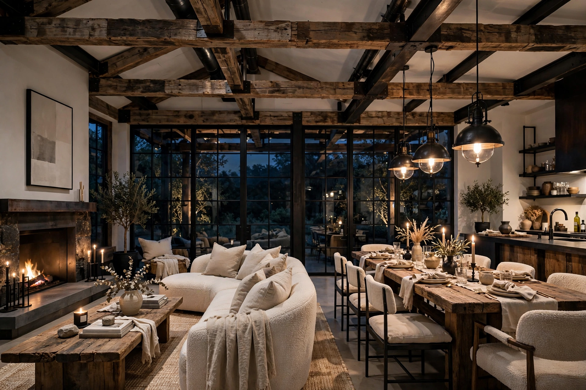 Open-plan industrial farmhouse living space mixing steel wood and soft textiles