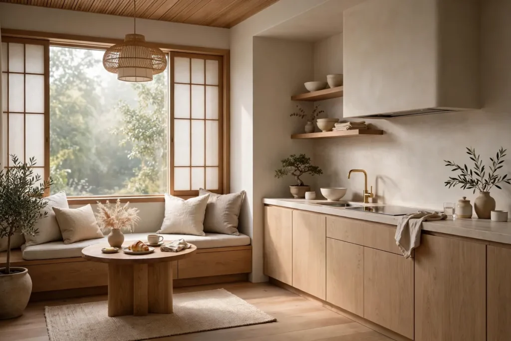 Japandi kitchen with built-in breakfast nook