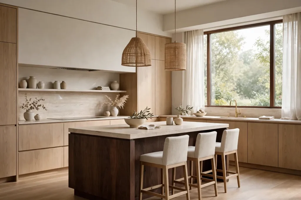 Japandi kitchen with warm neutrals and dark wood accent island