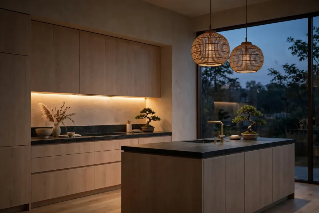 Japandi kitchen with layered warm lighting at dusk