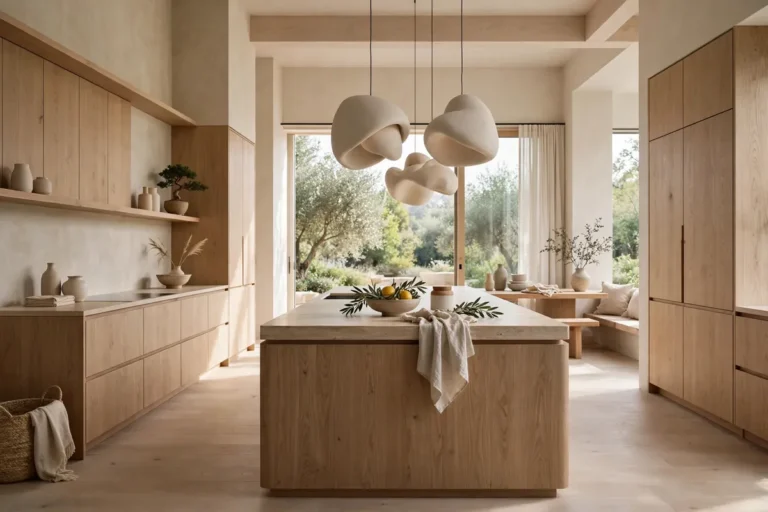 Japandi kitchen with light oak cabinetry and island