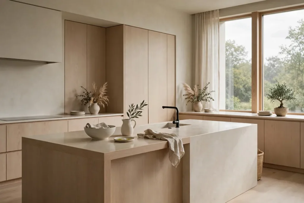 Japandi kitchen with handleless cabinets and concealed appliances