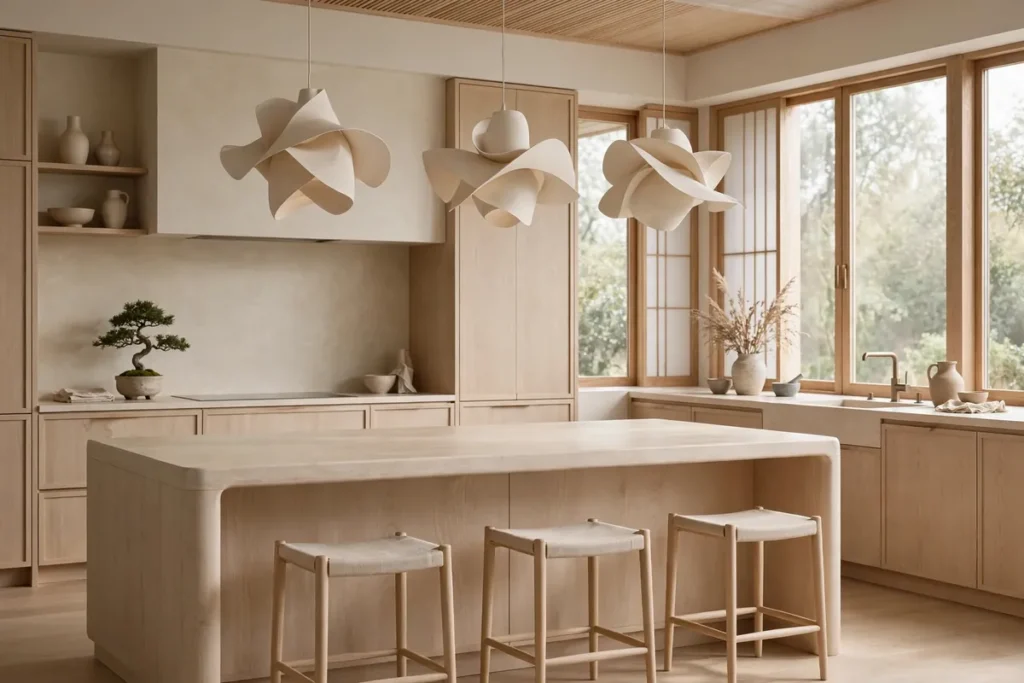 Japandi kitchen with rounded light wood island