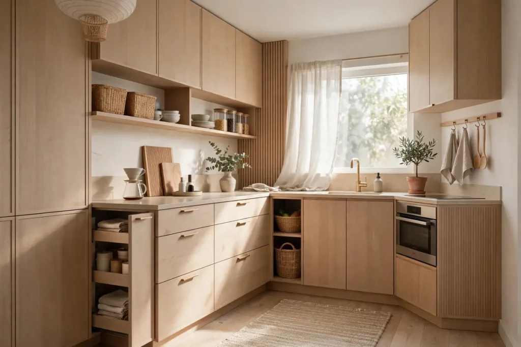 Small Japandi kitchen with clear minimal counters