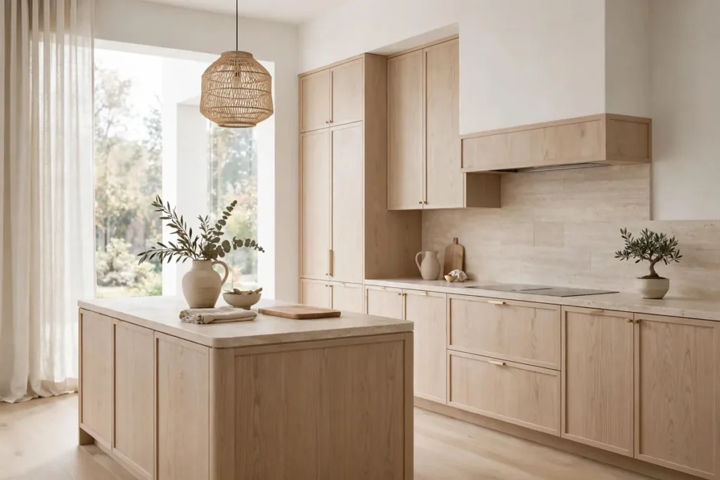 Japandi kitchen with consistent white oak wood tone