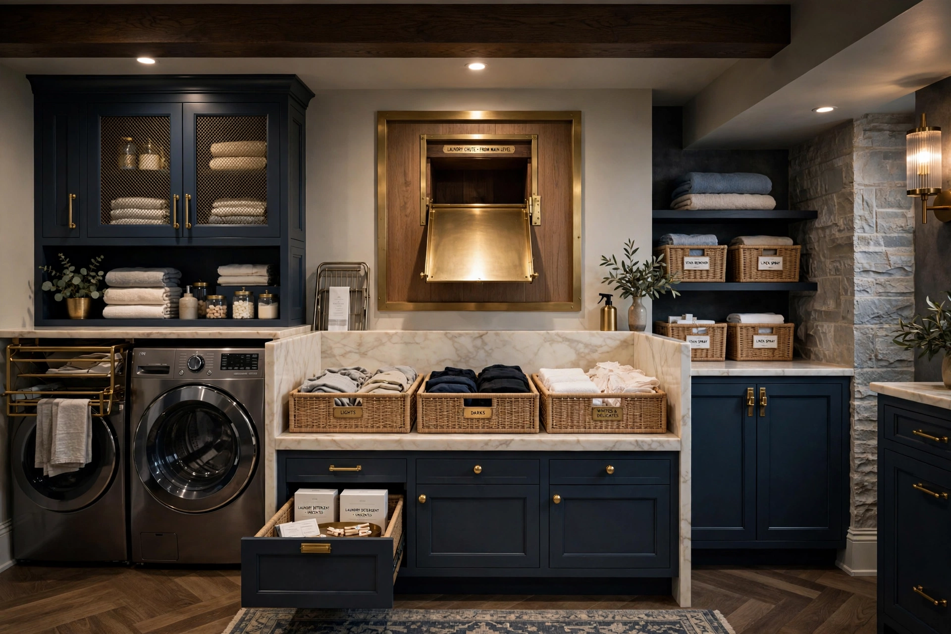 Laundry chute opening above sorting counter in basement laundry room