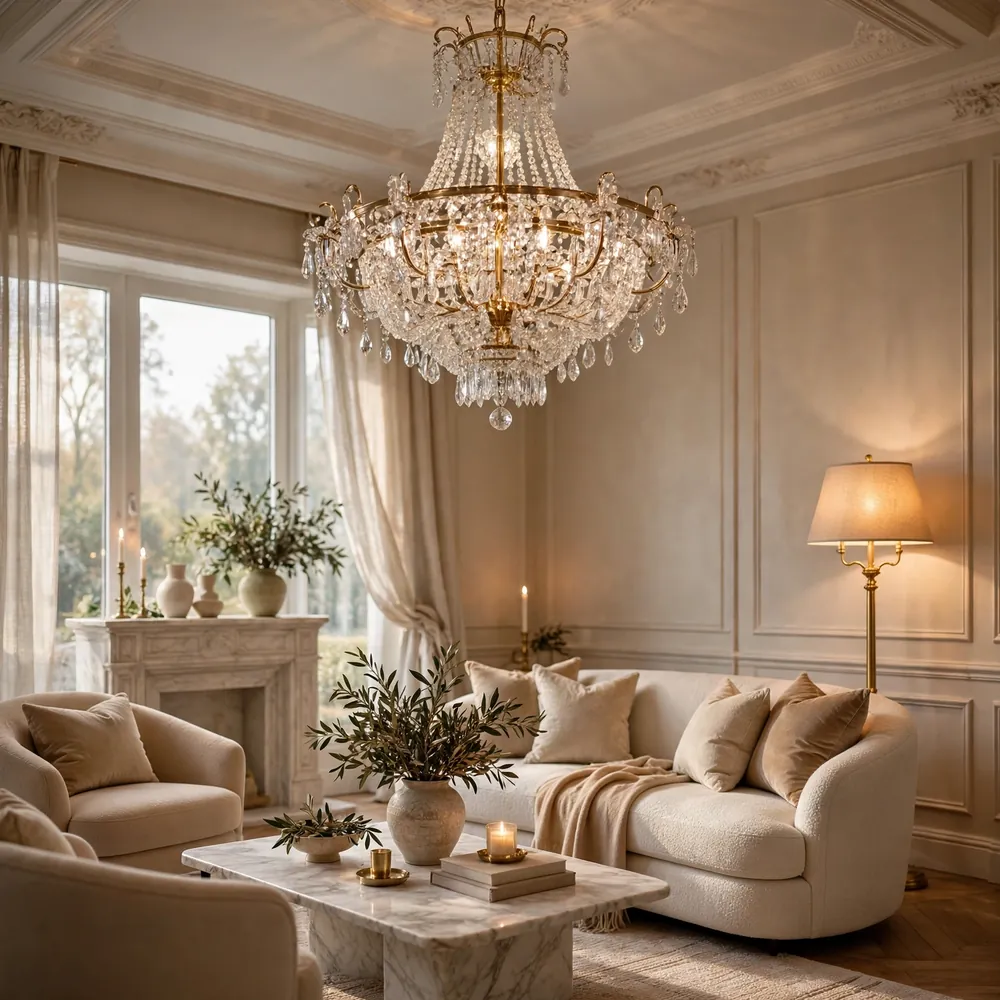 Luxury living room with layered lighting and chandelier