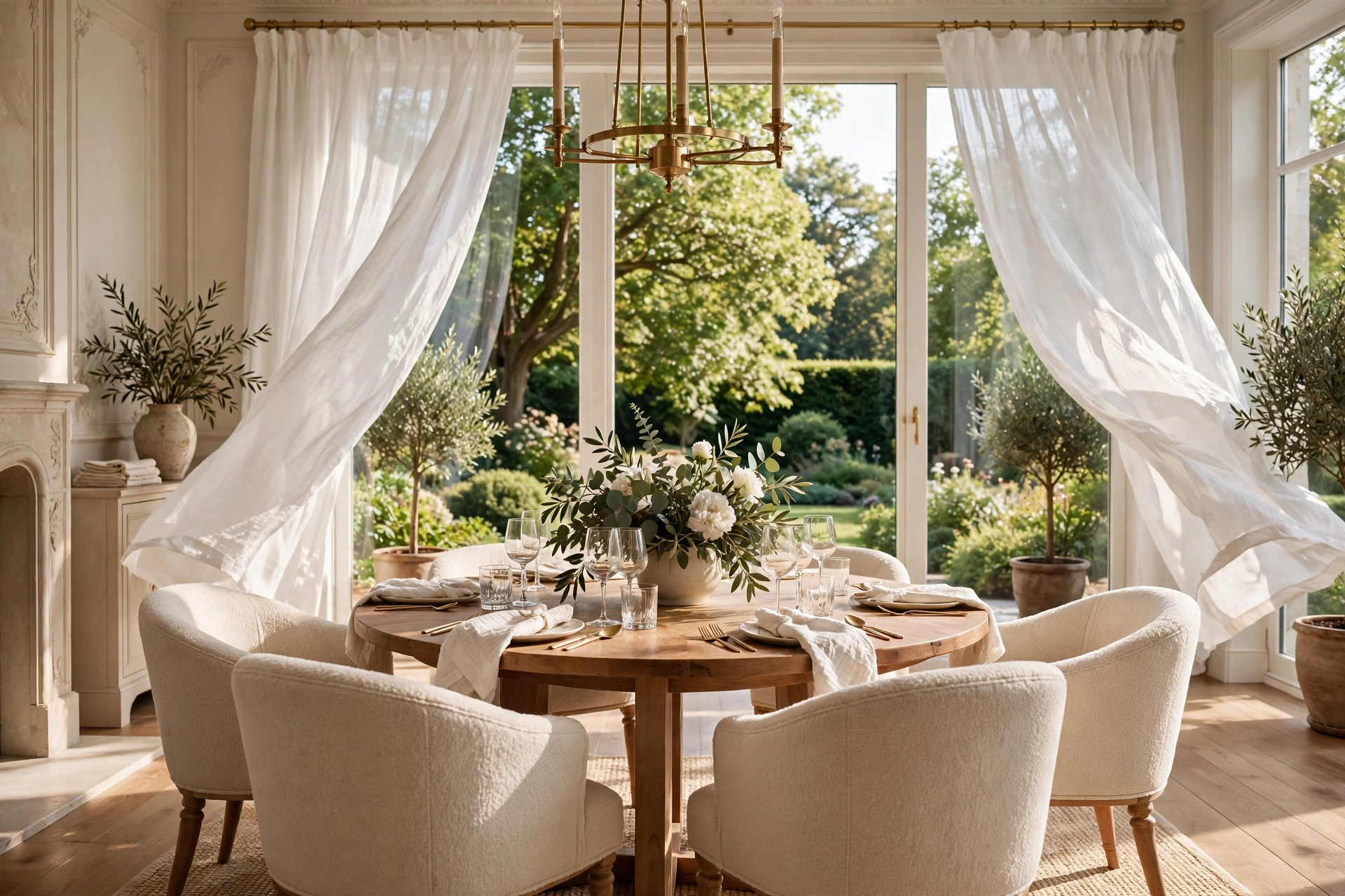 Bright dining room with linen curtains and garden view