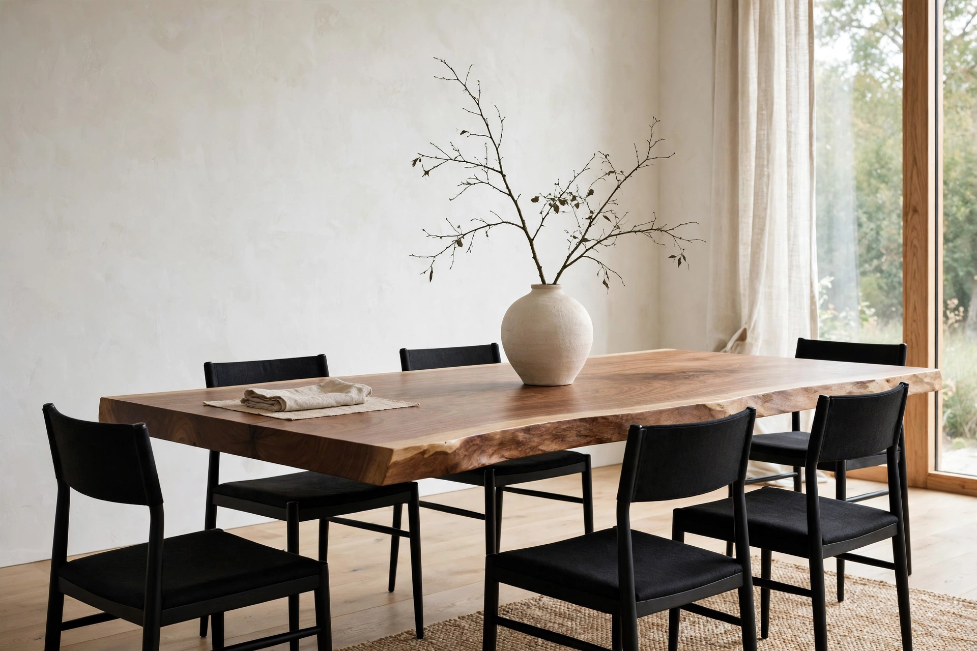 Minimalist dining room with live-edge walnut table