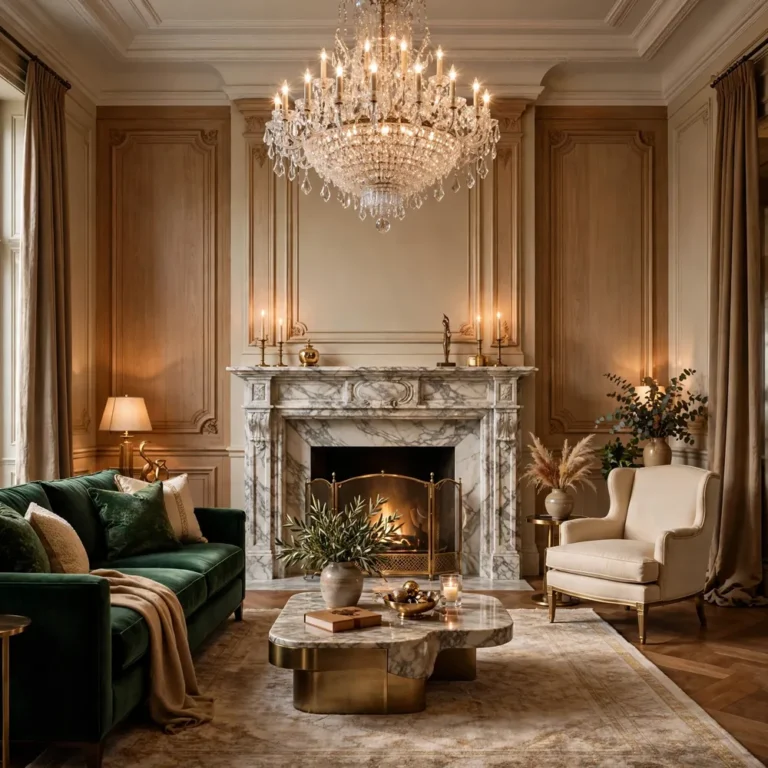 Luxury Living Rooms with velvet sofa, marble fireplace, and chandelier