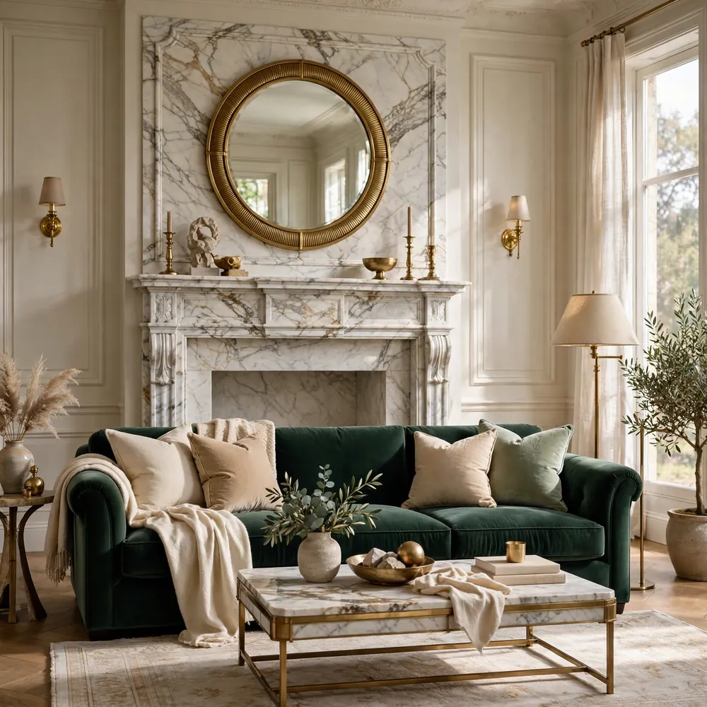 Luxury living room with marble fireplace and brass accents