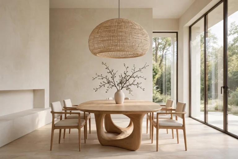 Serene minimalist dining room with sculptural oak table and pendant light