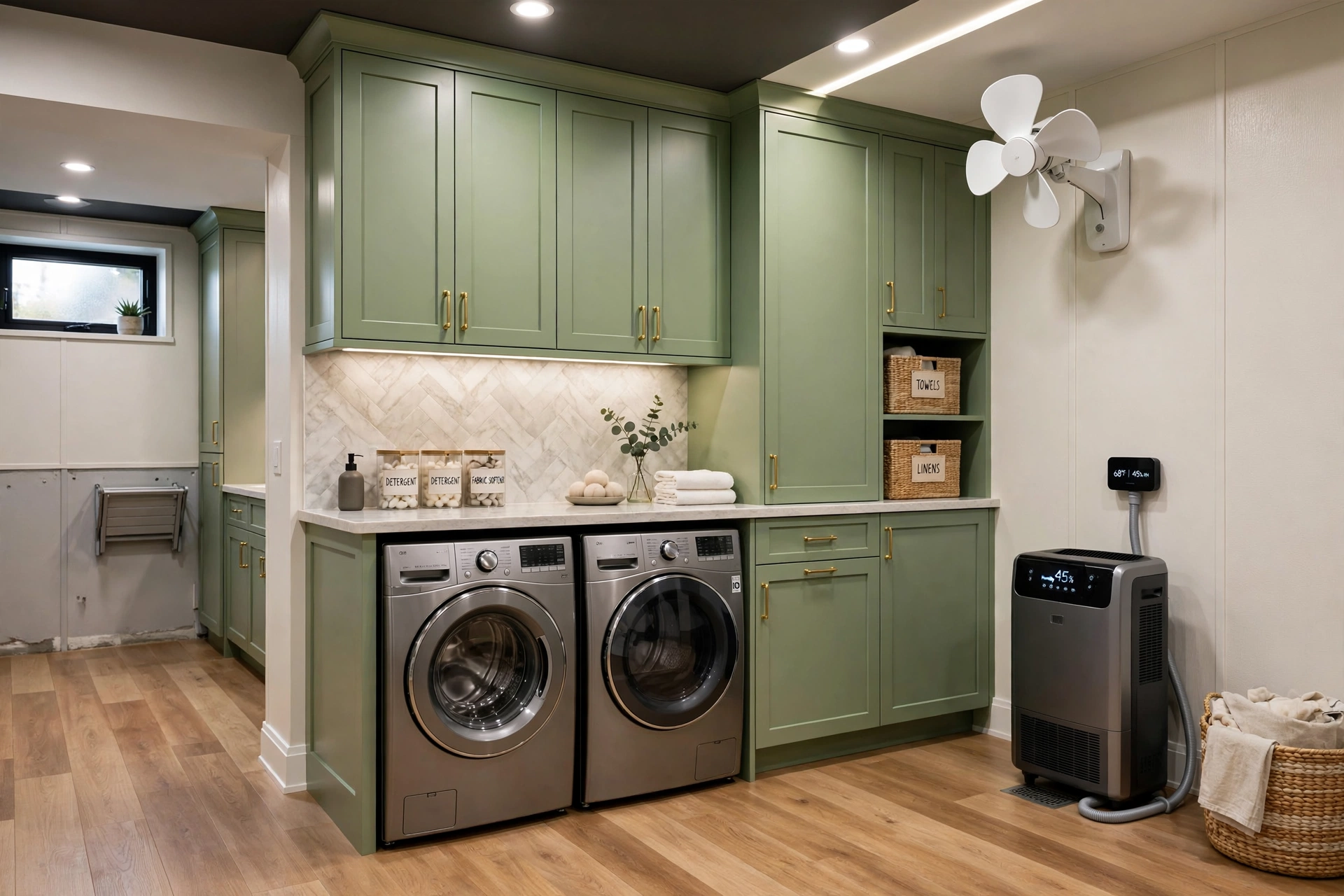Moisture-resistant basement laundry room with sage cabinets