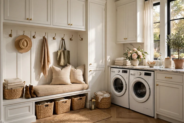 Luxury mudroom laundry room combo with white cabinets, bench, and brass details