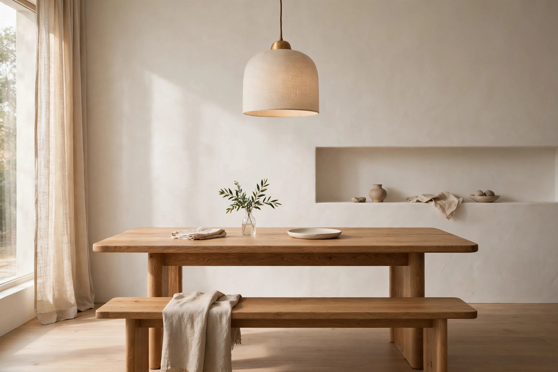 Warm minimalist dining room with natural oak table