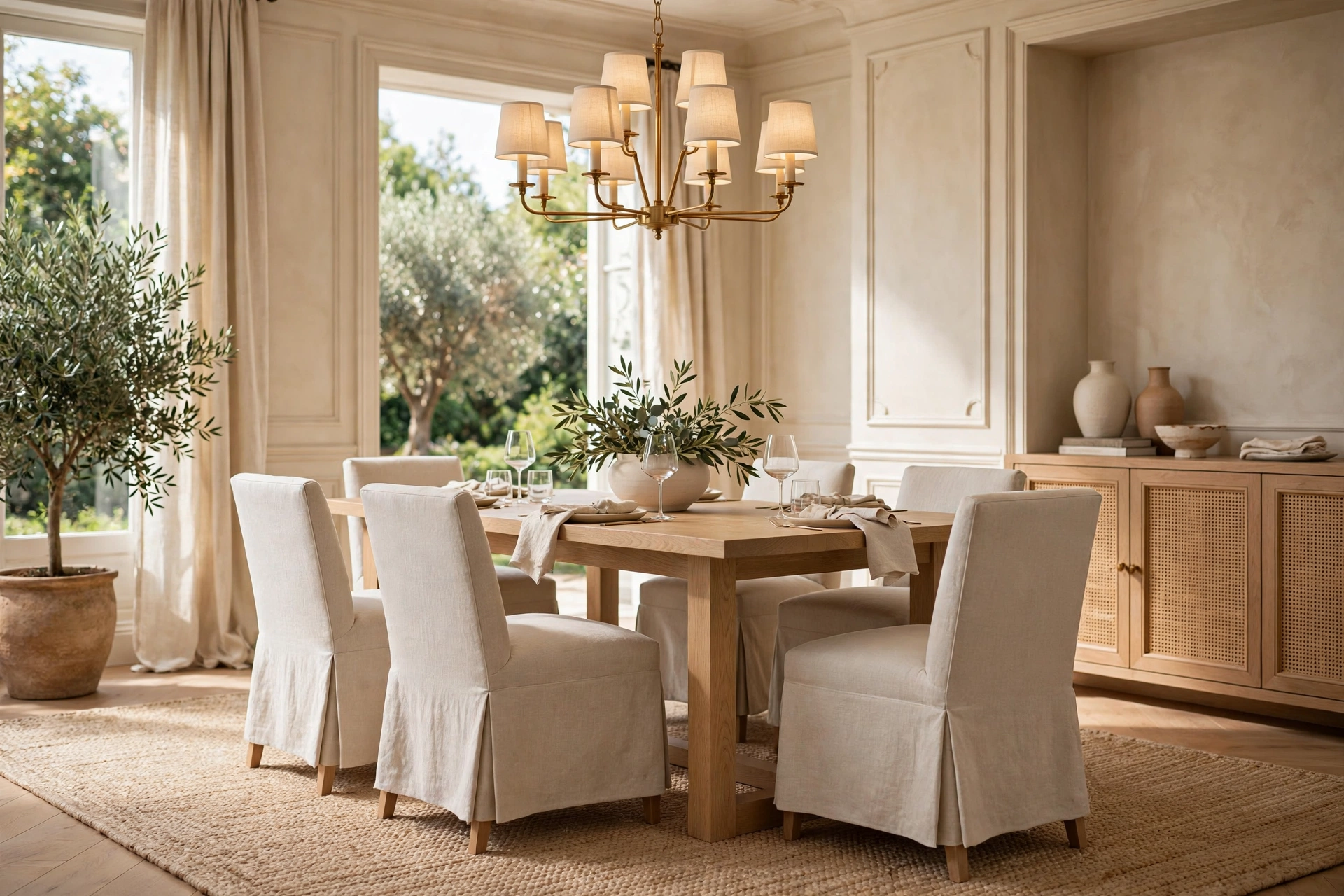 Dining room with neutral linen upholstered chairs